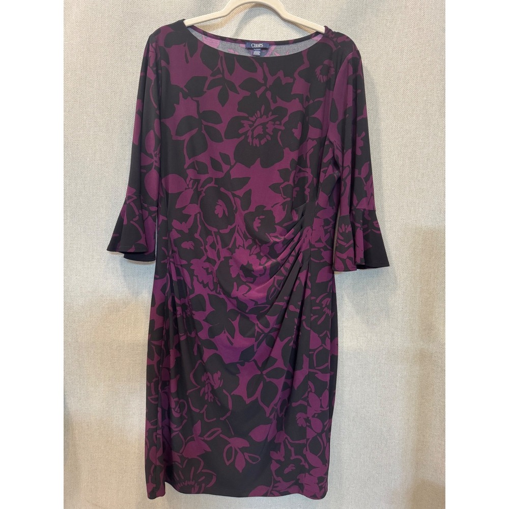 Chaps Womens XL Purple Black Floral Bell Sleeve Ruched Sheath Dress RN41381